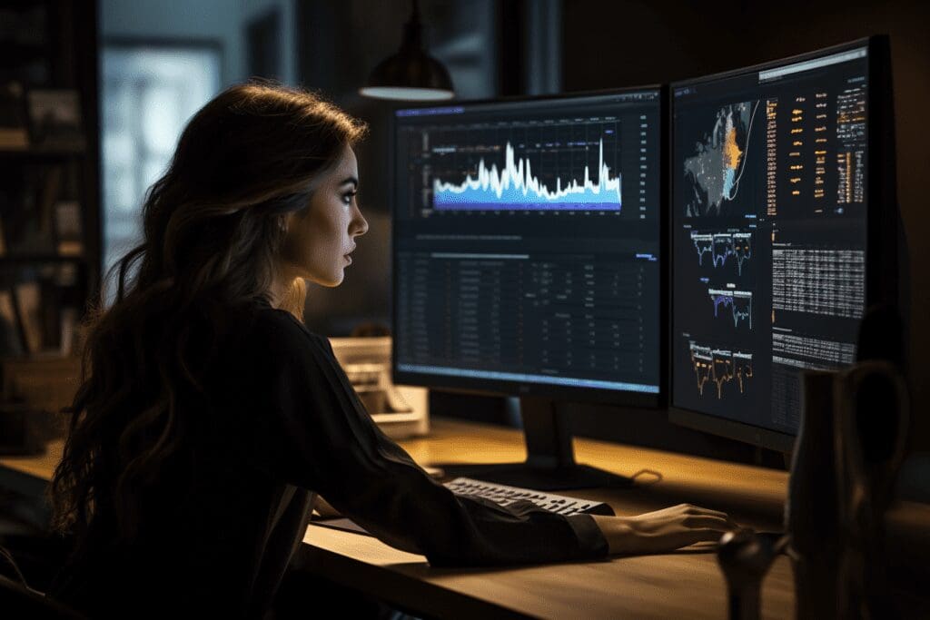 Woman sitting at desk in front of two displays looking at social media data