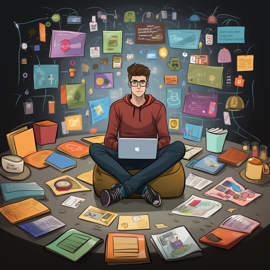 Man sitting on bean bag with laptop on lap, surrounded by paper, planning his social media team