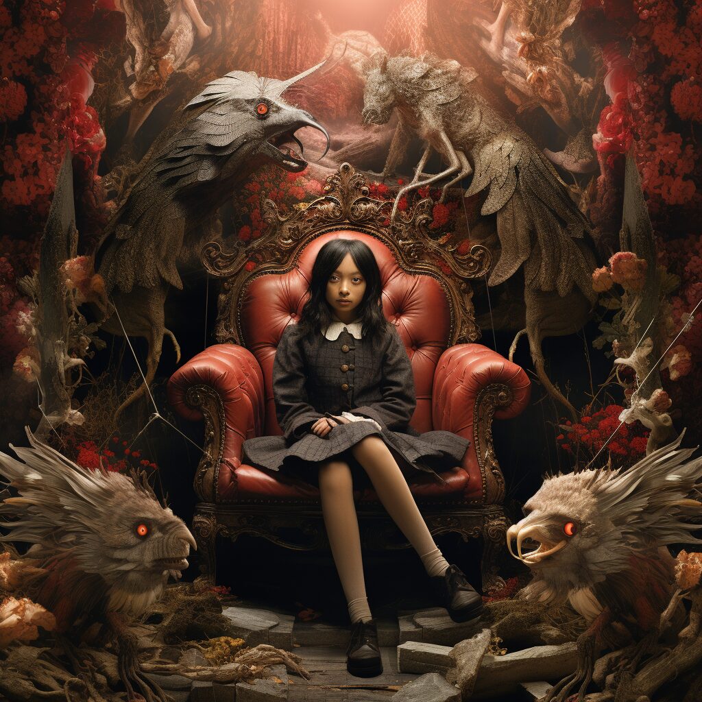 Girl sitting a big red chair surrounded by gargoyle like creatures that represent the executives she needs to buy-in to her proposed social media budget