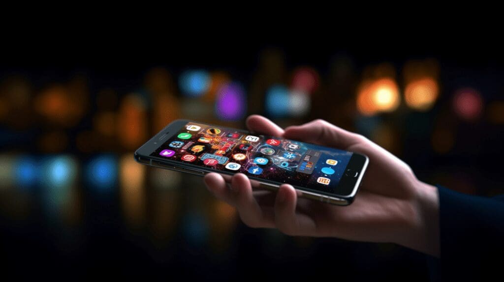 Hand holding mobile phone with icons for social media tools