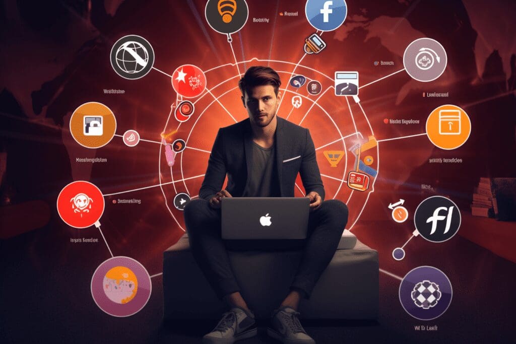 Social media manager creating infographic with goal icons