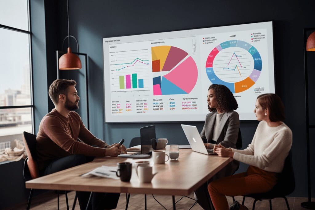 Team meeting discussing social media goals and KPIs on digital charts