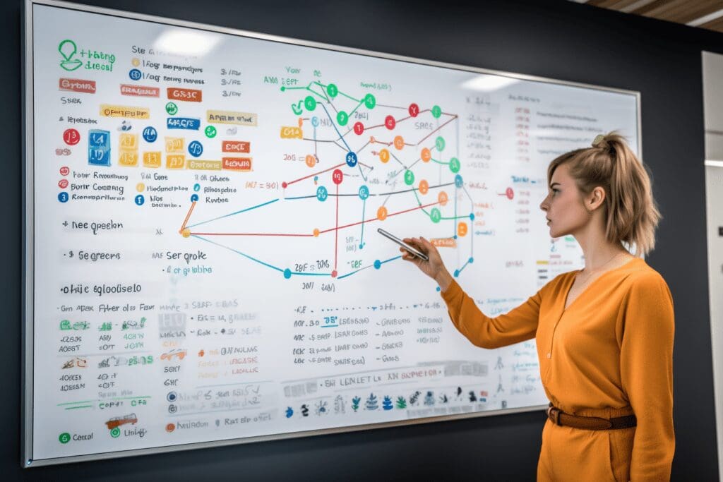 Woman at whiteboard writing social media goals and metrics 