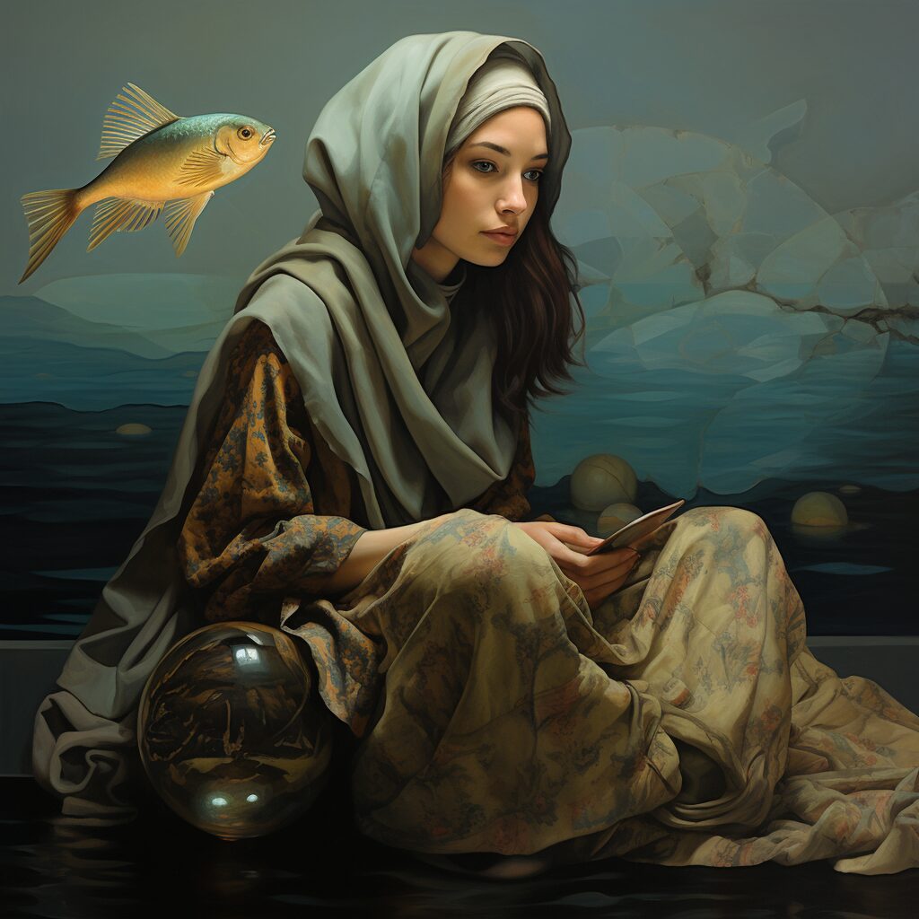 Women in hooded shroud sitting on the ground with a crystal ball next to her and a fish in the background contemplating the steps for developing a social media budget