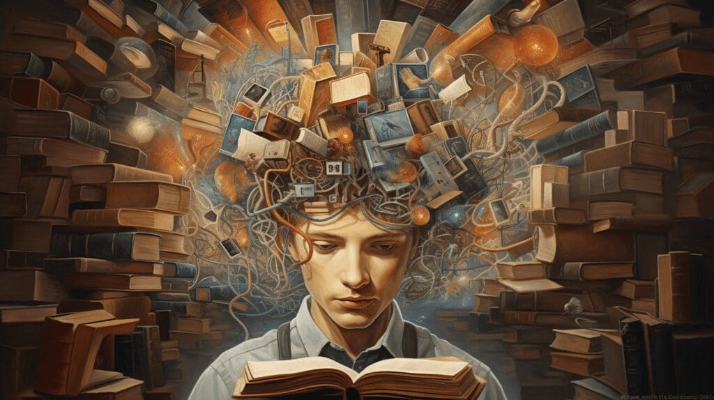 knowledge management boy with books coming out of his brain and head. Surrounded by a roomful of books