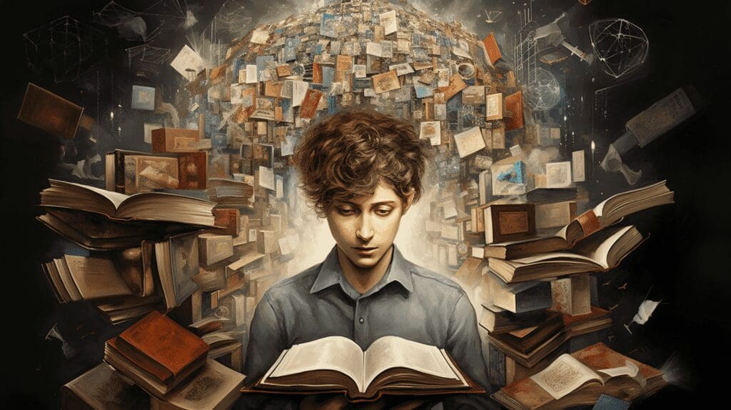 knowledge management boy reading a book with books all around him