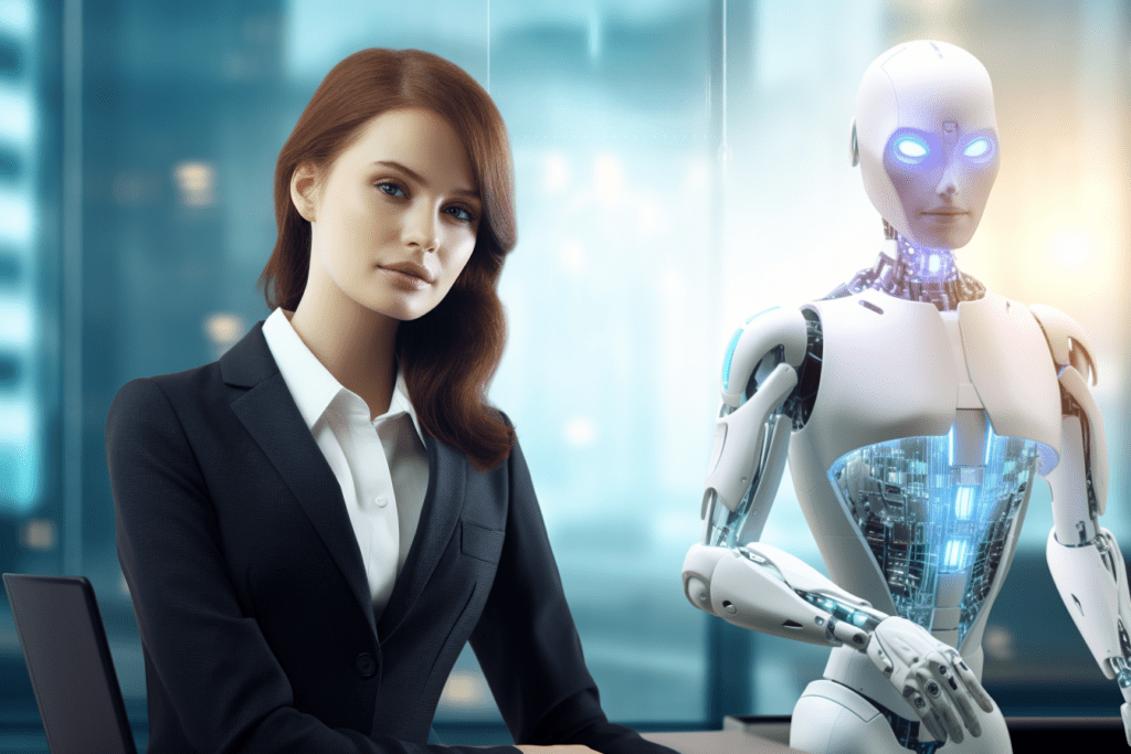 female office worker with AI assistant robot