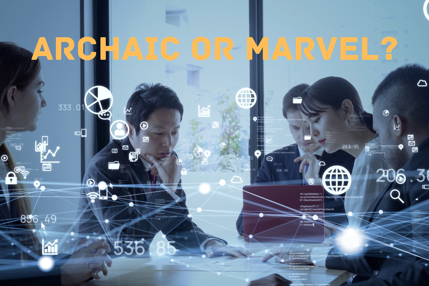 People working around a table discussing whether online fax services are archaic or a marvel