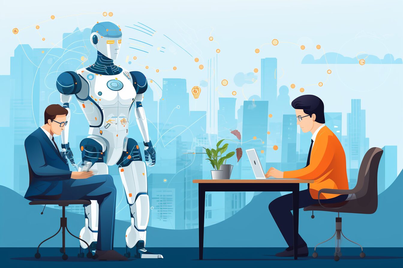 Office workers discussing ChatGPT Enterprise will robot AI assistant looks on