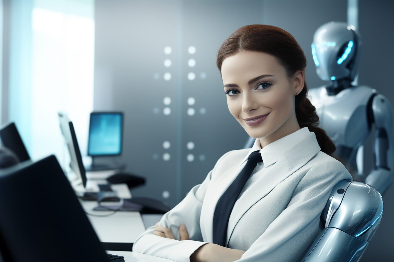 Female office worker with arms crossed smiling at the camera with robot in the background