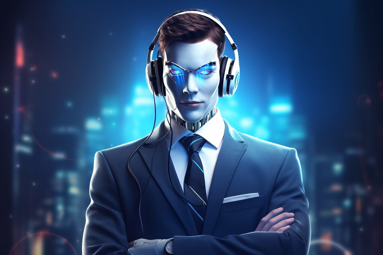 Robot humanoid with headphones and arms crossed