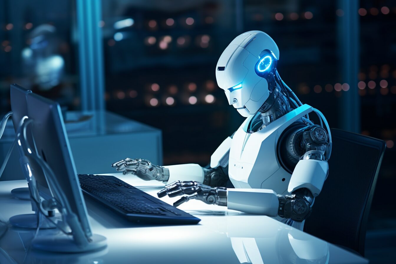robot sitting at a desk using free keyword research tools on a desktop computer