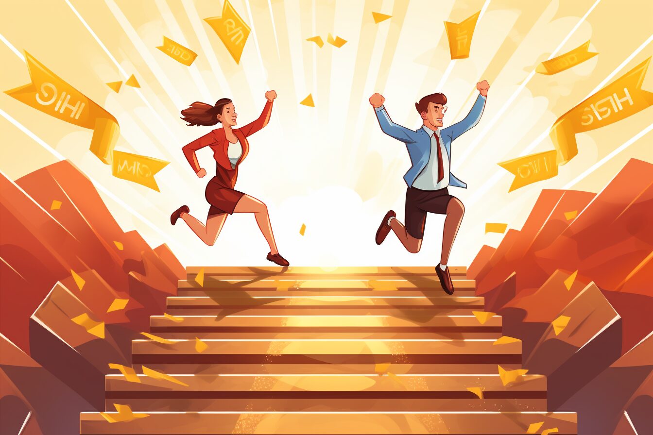 Zero Backlinks Strategy Two humans celebrating at the top of stairs