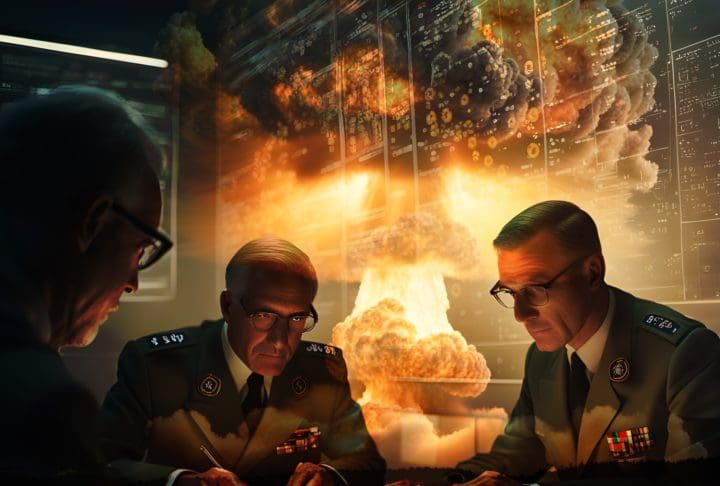 AI versus Nuclear Warheads: The Greater Danger 3 Generals in a war room with a nuclear explosion seen in the background