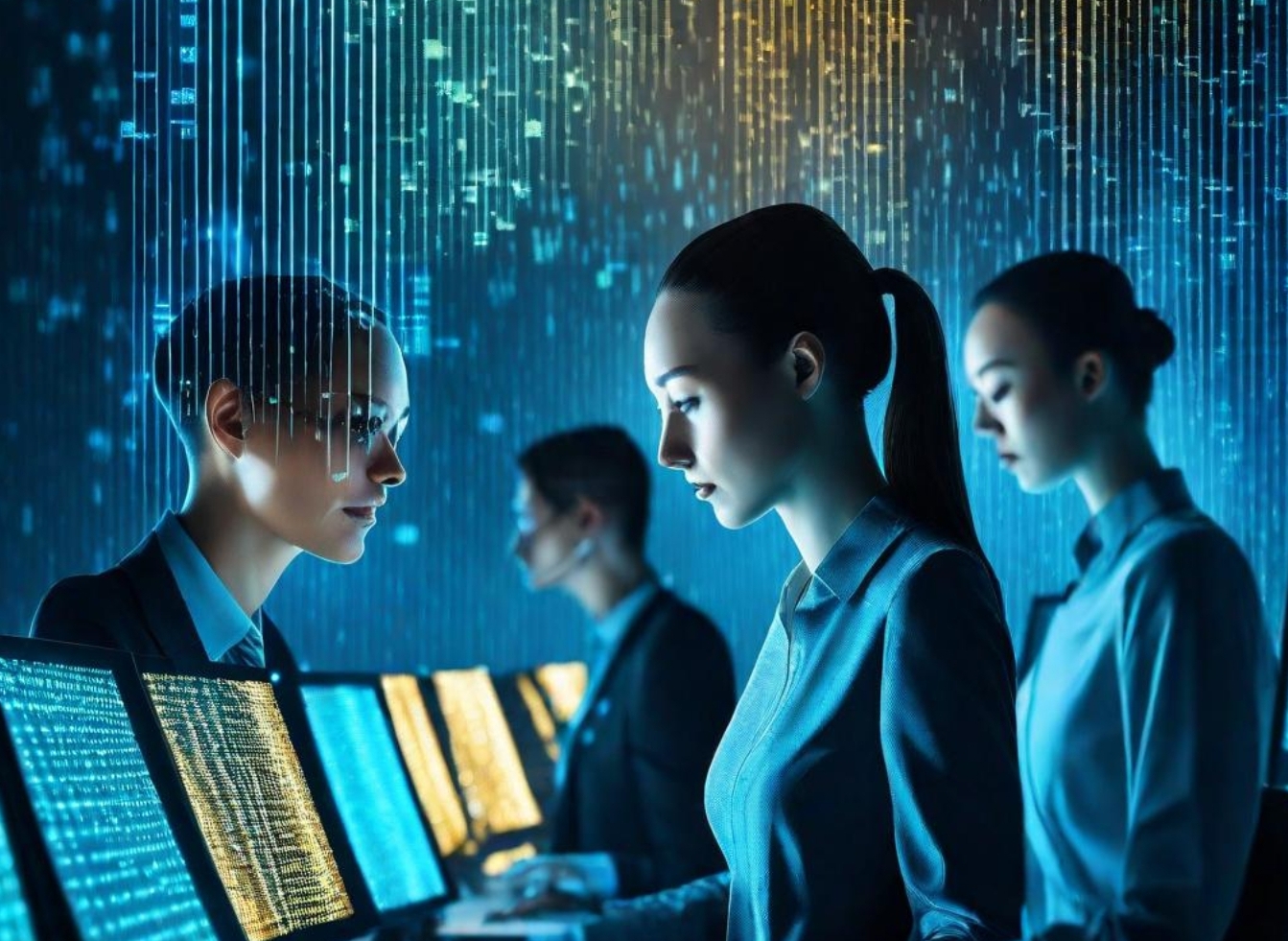 people standing working on computers. Looks like hotel check-in