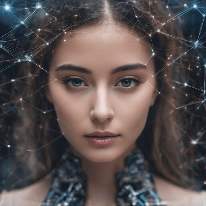 Deep Learning in Image Recognition human female close-up with the interweb connections all around her