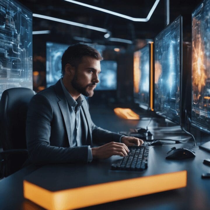 Deep Learning in Speech Recognition human male working at desk typing on keyboard surrounded by monitors