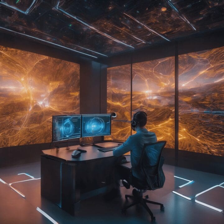 deep learning and AI applications human working at desk with two monitors and a fireball outside the windows