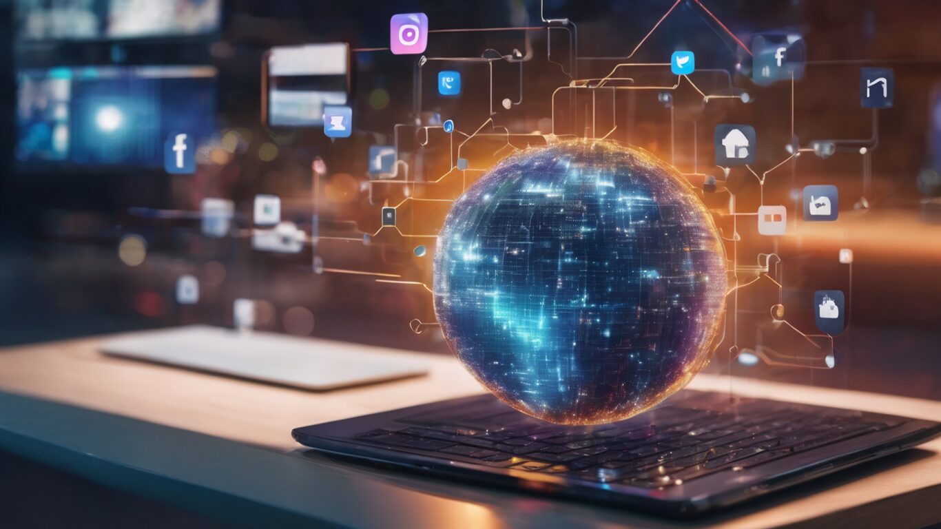 Digital globe rising above keyboard