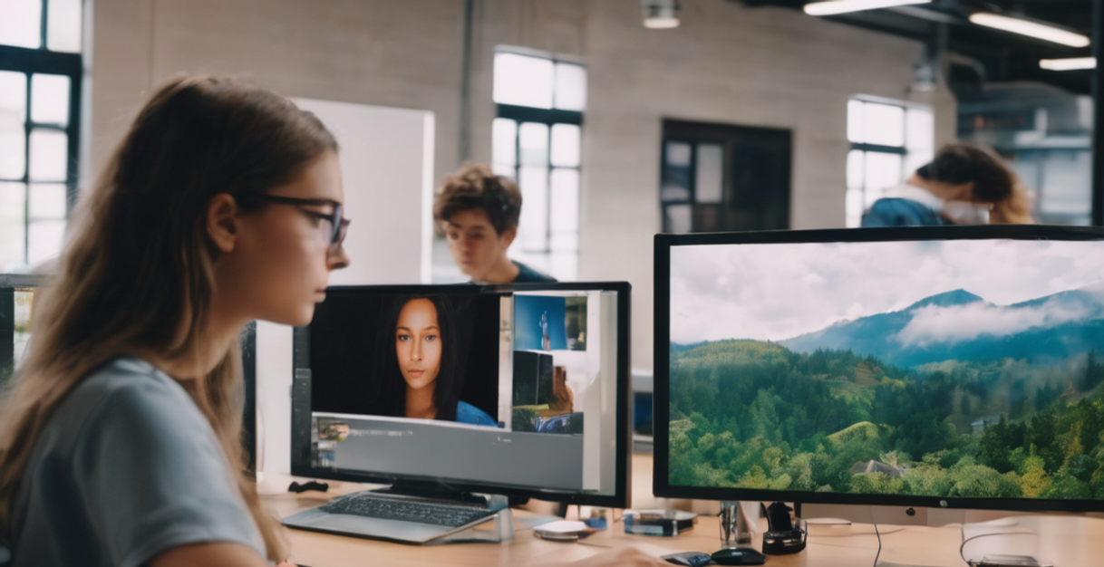 Office scene with people looking at their screen and on video conference.