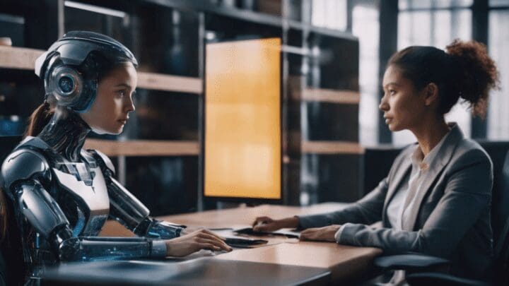 human and cyborg sitting across the table looking at each other