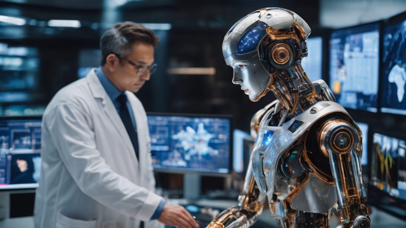 Scientist with robot in the lab