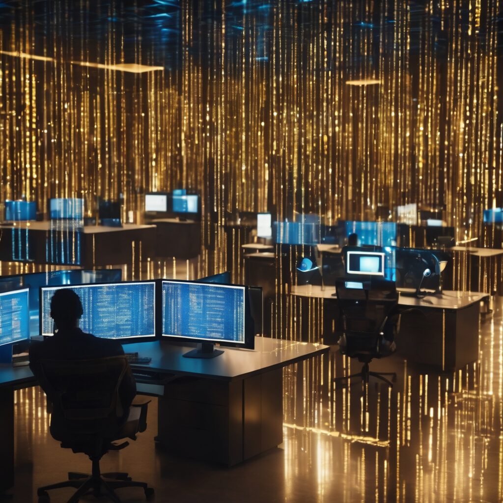 Person sitting at desk in front of three monitor using ai and productivity. Open-office layout.