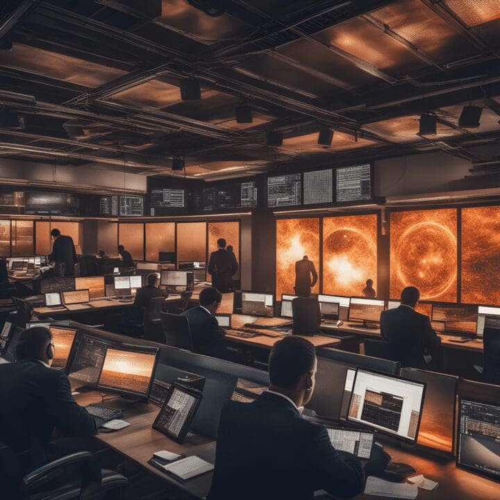 AI versus Nuclear Warheads: The Greater Danger History of Nuclear Weapons Use and Development. Nuclear WarRoom with flashes of bombs seen through the windows