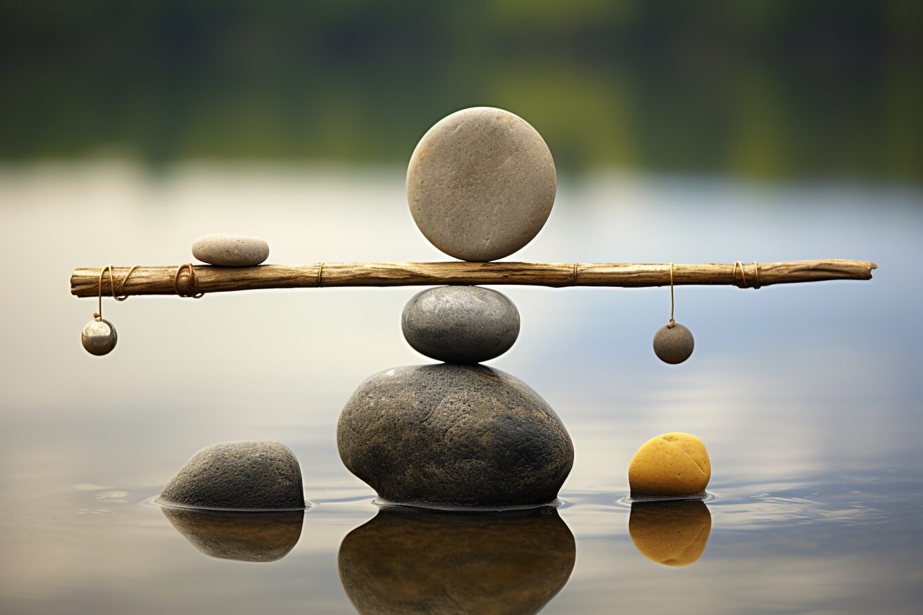 Achieve Balance A stick balancing on a stack of rocks in water