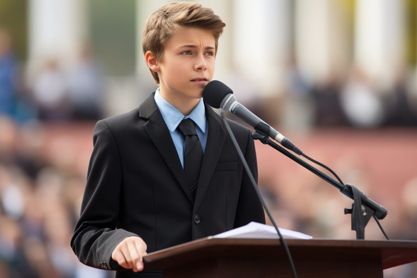 Cultivate Courage Young nervous public speaker standing it podium with a microphone