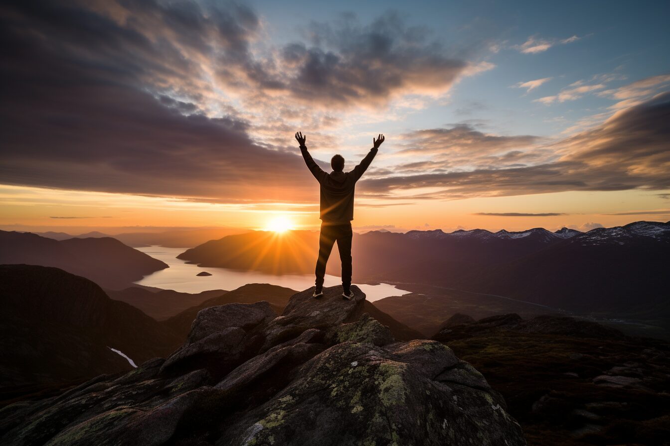 What courageous act is calling you today? Person Standing on top of a mountain with arms raised looking into the sunset