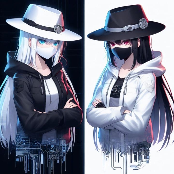 black hat SEO vs white SEO, cyberpunk anime style