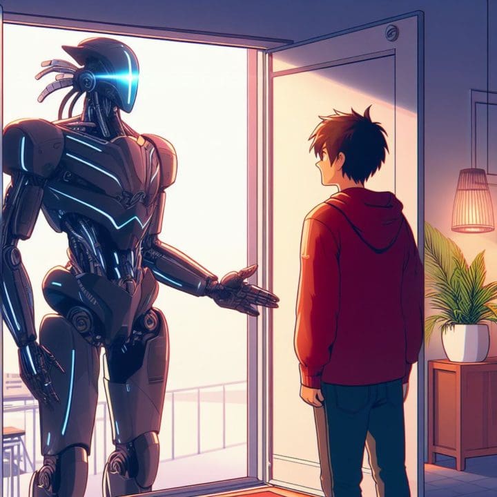 a person welcoming a guest into their home cyberpunk anime style