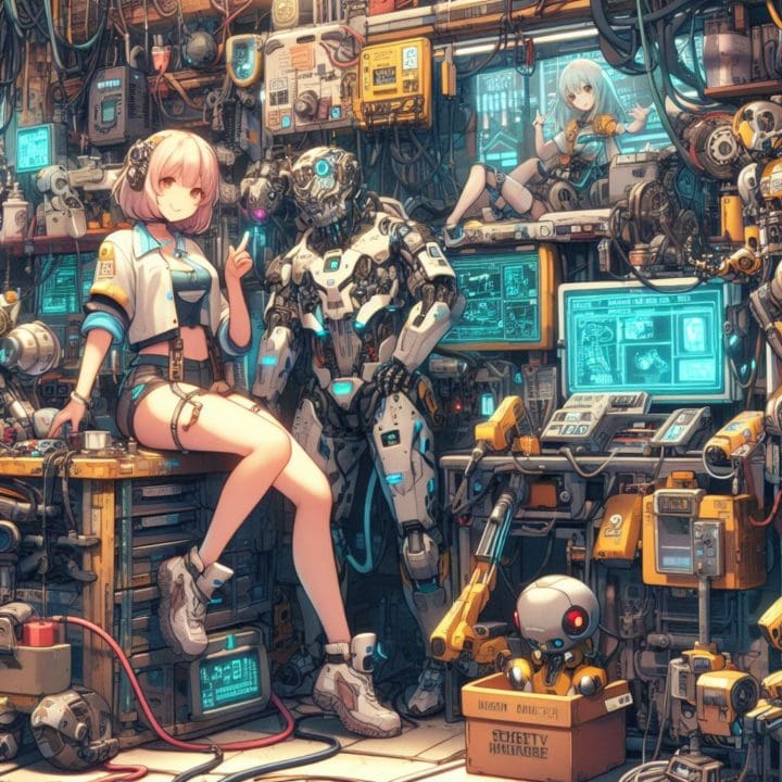 Cyborg and Robot Repair Shop, Cyberpunk anime style