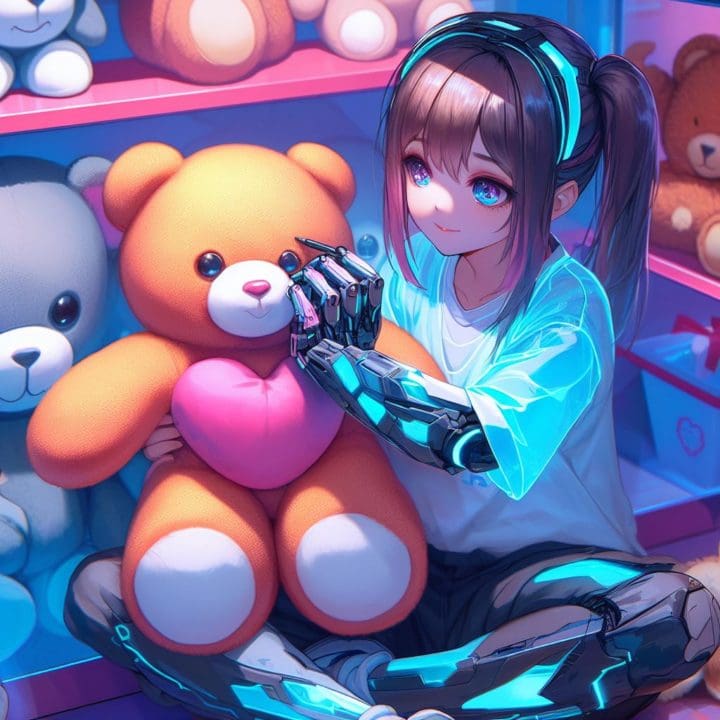 child making a teddy bear at Build-A-Bear, cyberpunk anime style