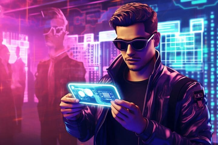 Cyberpunk person holding futuristic mobile device
