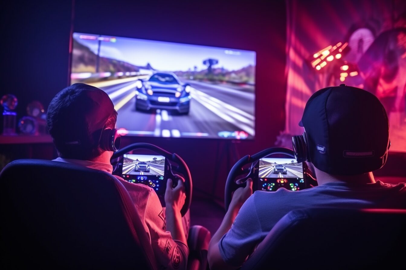 The Thrill of Racing Games two gamers playing a racing game on the tv oh the thrill of games