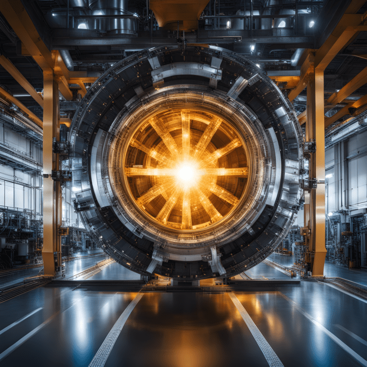 AI in Nuclear Fusion - Revolutionizing Research The image showcases a grand, futuristic mechanical structure situated within an expansive industrial environment.
Central Structure: At the heart of the image is a magnificent, circular apparatus. It has a radiant, golden core that emanates a bright light, illuminating its intricate concentric rings and segments. The design of this mechanism is reminiscent of a high-tech turbine or portal, suggesting advanced technology or energy generation.
Surrounding Environment: The central device is suspended within a vast industrial facility. Overhead, there are large support beams, conduits, and other architectural details, all rendered in a metallic finish. To the sides, one can spot intricate machinery, platforms, and catwalks, all part of the broader infrastructure.
Flooring: Beneath the structure, there's a sleek, polished floor with demarcated lanes or tracks, reflecting the glow from the central apparatus. The reflective quality of the floor adds depth and mirrors some of the overhead details, enhancing the sense of scale.
Lighting: Beyond the primary glow from the central structure, ambient lighting from the facility's overhead lights and other sources creates a contrast between the bright center and the darker peripheries. This interplay of light and shadow adds drama and emphasizes the prominence of the central mechanism.
Mood: The overall atmosphere evokes a sense of wonder, curiosity, and technological advancement. The intricacy and scale of the depicted machinery suggest a setting where cutting-edge research, energy production, or even space exploration might take place.
In summary, the image beautifully captures a moment within a high-tech, industrial facility, with the central glowing structure as its focal point, suggesting innovation and progress.