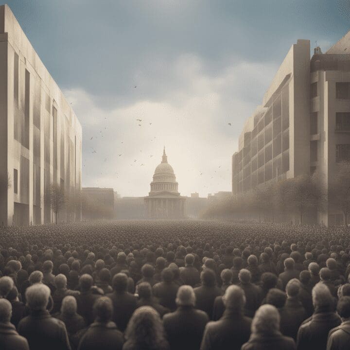AI versus Nuclear Warheads: The Greater Danger Massive crowd of people standing outside capitol building with nuclear ash falling