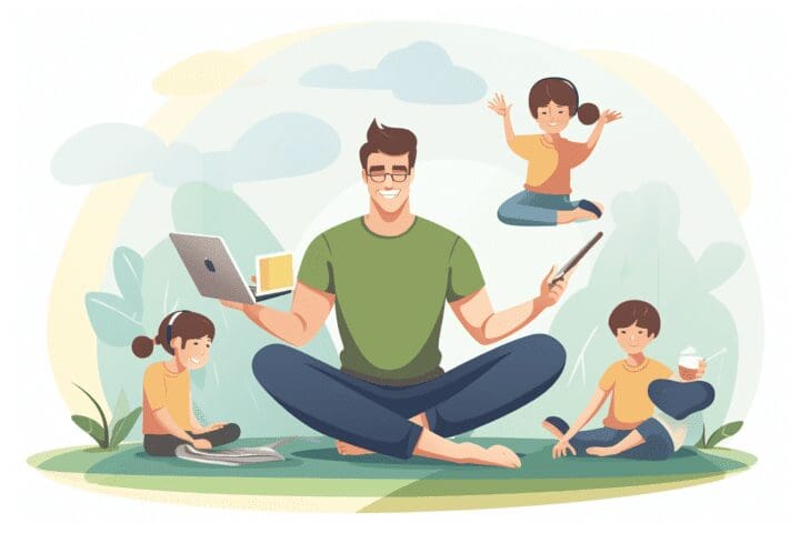 Image: Person balancing laptop and family/leisure activities Description: Achieving work-life balance despite technology's omnipresence