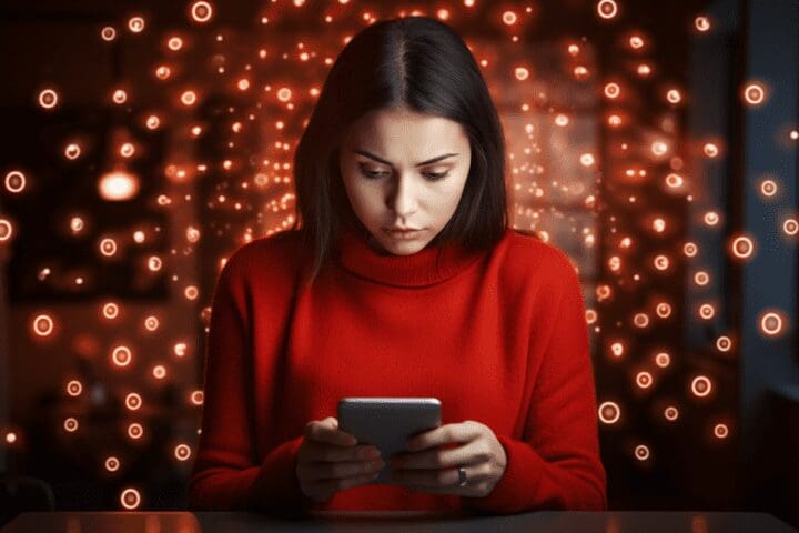  Person distracted by smartphone notifications while working
Description: Technology causing distraction at work