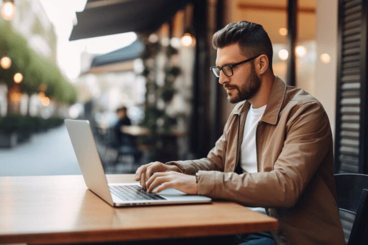 Person working on laptop looking focused and productive. technology in productivity