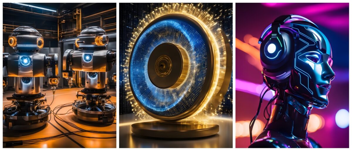 AI in nuclear fusion The image is a triptych, composed of three distinct panels:
Left Panel: This panel showcases a group of robots. These machines have a spherical top, which could be described as their "head", featuring a pair of illuminated, circular "eyes". Below their heads, they have cylindrical torsos with bright, glowing blue circles in the center, reminiscent of a core or power source. They are mounted on stands with multiple mechanical arms and wiring attached. The setting seems to be an industrial environment with metal structures and bright overhead lighting.
Middle Panel: This panel displays a captivating, circular object that gives off a brilliant, radiant glow. The center of the circle appears gold and resembles a compact disc or vinyl, surrounded by a mesmerizing swirl of blue and gold digital patterns, almost like a cascade of data or a visual representation of digital information. The background is dark, making the glowing object stand out prominently.
Right Panel: The final panel depicts a close-up of a humanoid robot or android's head and upper torso. The android has a futuristic, sleek design with intricate patterns of blue light coursing through its metallic surface. The "face" is notably detailed, with sculpted features such as eyes, nose, and mouth, further emphasized by dynamic lighting. The robot also wears headphones, which are illuminated with a blue circle, suggesting a connection to music or audio functions. The background consists of a soft gradient of purple and pink lights.
The overall impression is one of advanced technology, innovation, and a blend of the mechanical and digital realms.
