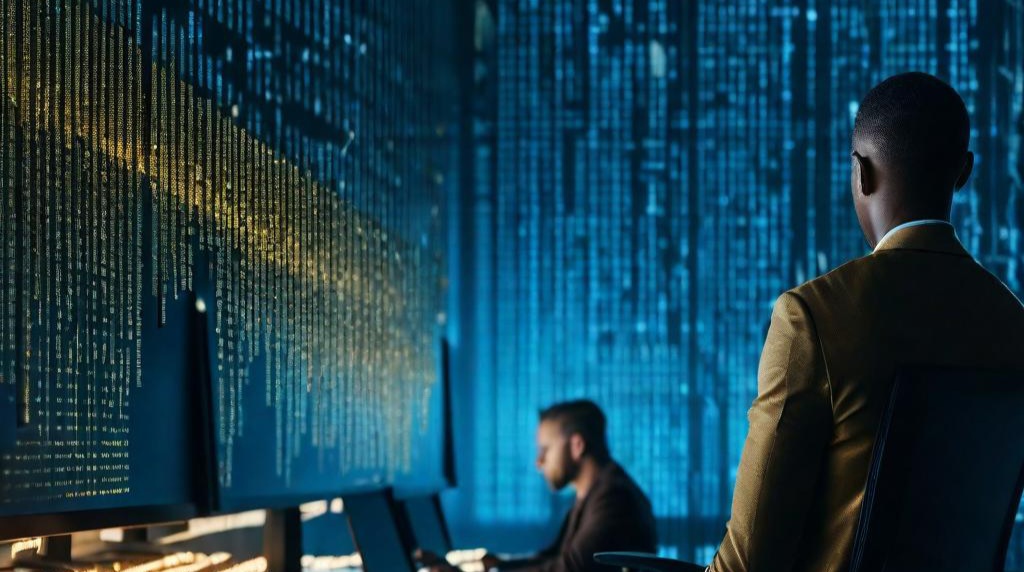 Office workers sitting in front of a wall of code Matrix style