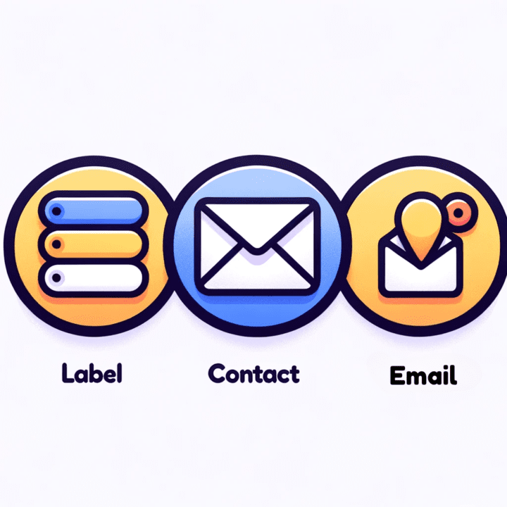 Illustration showcasing three Gmail icons: a label, a contact, and an envelope, symbolizing Gmail's core CRM functionalities.