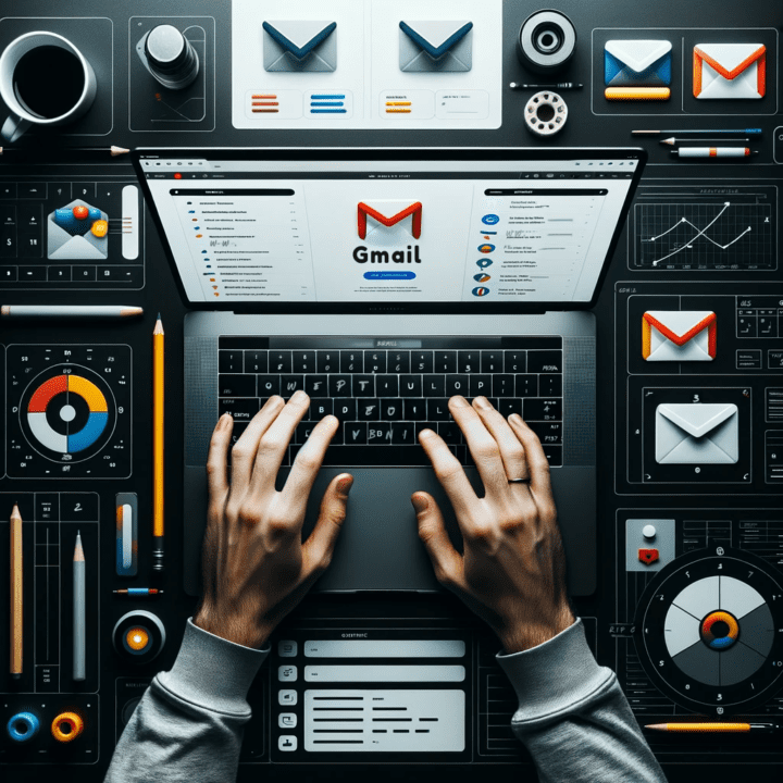 Overhead photo of a person's hands working on a laptop with Gmail open. The screen displays contact management functionalities with visual cues pointing to adding, updating, and segmenting contacts within Gmail.