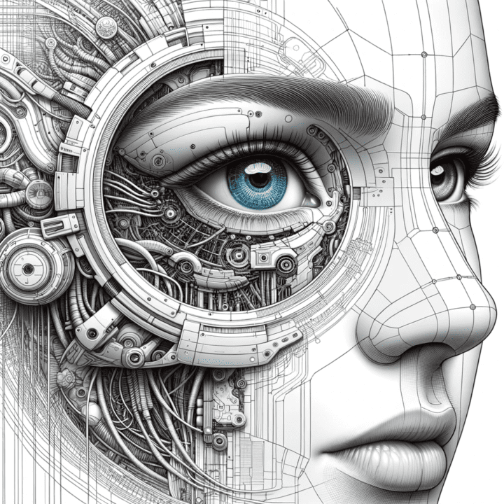 Illustration of a woman gazing forward, but her faceplate is in the process of being raised. The space underneath unveils a complex array of cybernetic parts, wires, and high-tech components.