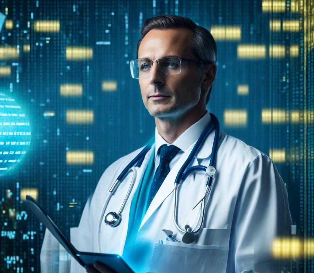 narrow AI use cases in healthcare A professional man with glasses, wearing a white lab coat and stethoscope, stands against a digital backdrop of glowing blue data streams.