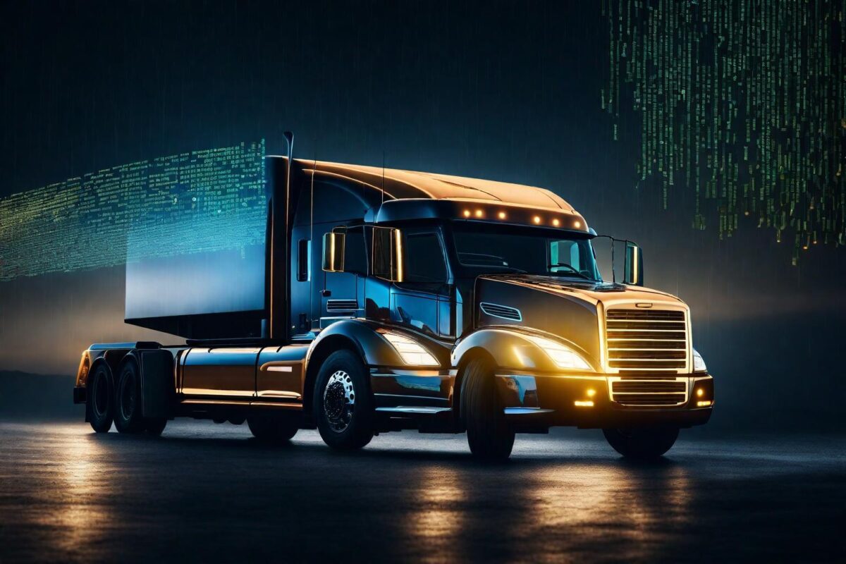 narrow AI examples in transportation A modern, illuminated semi-truck with a reflective chrome finish, positioned in a dramatic setting with digital data streams cascading in the background.