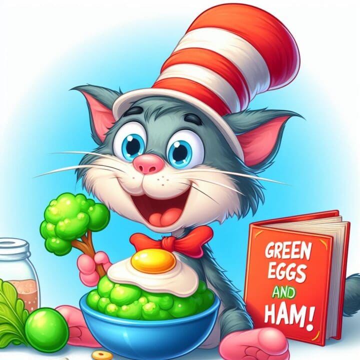 baby cat in the hat eating green eggs and ham DALL-E 3 Bing Image Creator